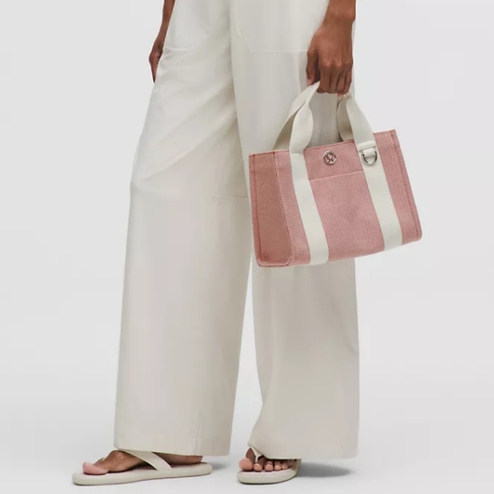 Woven Pink Stripe Tote Bag with Cream Handles